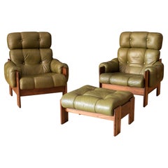 Pair of Rosewood High Back Leather Lounge Chairs and Ottoman by Kalustekiila