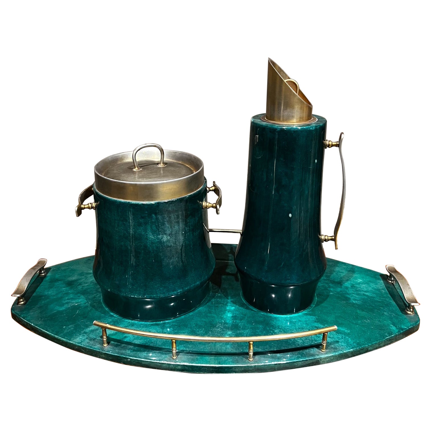 1960s Aldo Tura Goatskin Brass Barware Set Ice Bucket Carafe Tray Italy