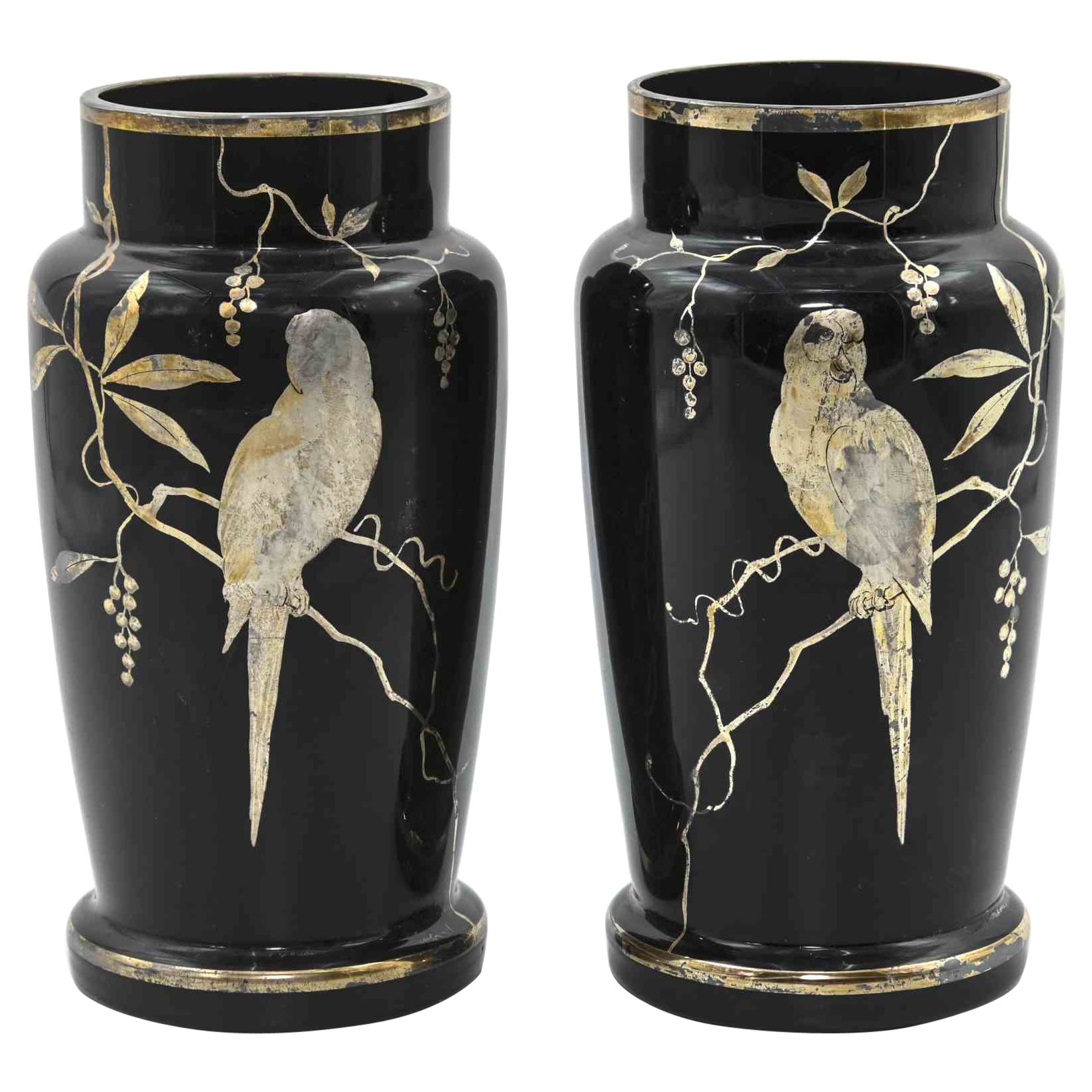 Pair of Art Déco Vases with Parots, France, Early 20th Century For Sale