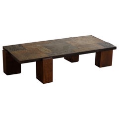 Table basse rectangulaire brutaliste en chêne et grès, mi-siècle moderne, années 1960