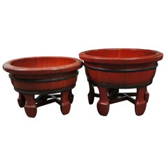 2 Vintage Chinese Wooden Red Lacquer & Iron Half Barrel Wash Basin Planters Pair