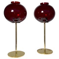 Pair of Hans Agne Jakobsson Candle Holders Brass Glass Shade L24 Sweden, 1960s