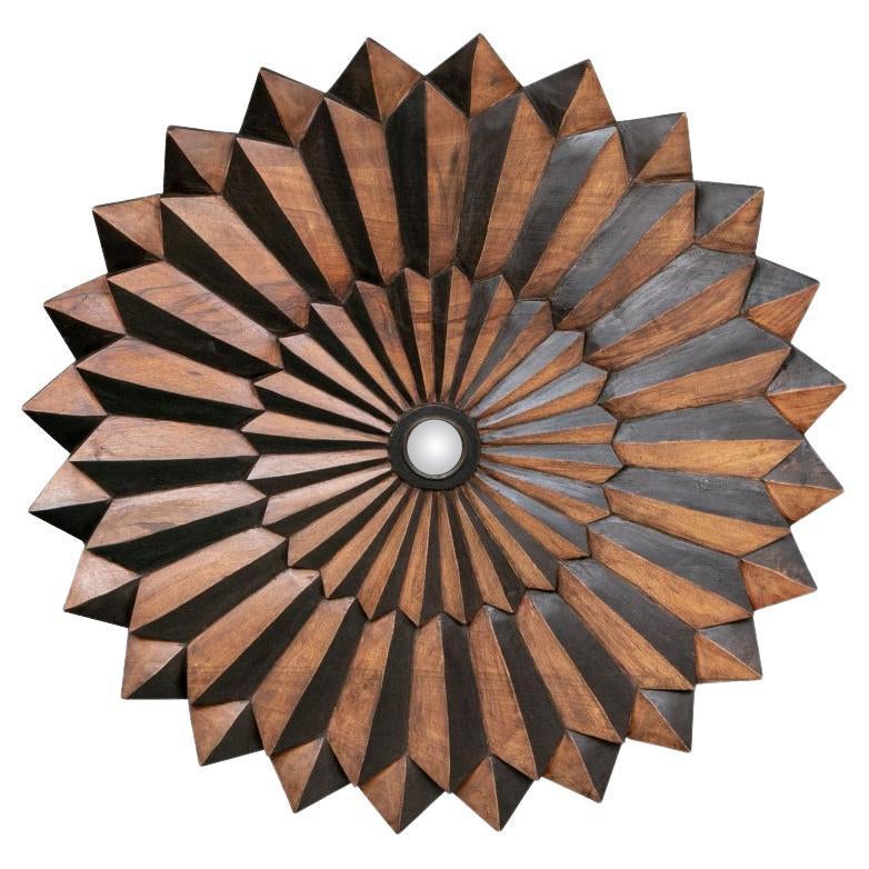 Global Views  Carved Wood Sunburst Wall Art with Convex Mirror