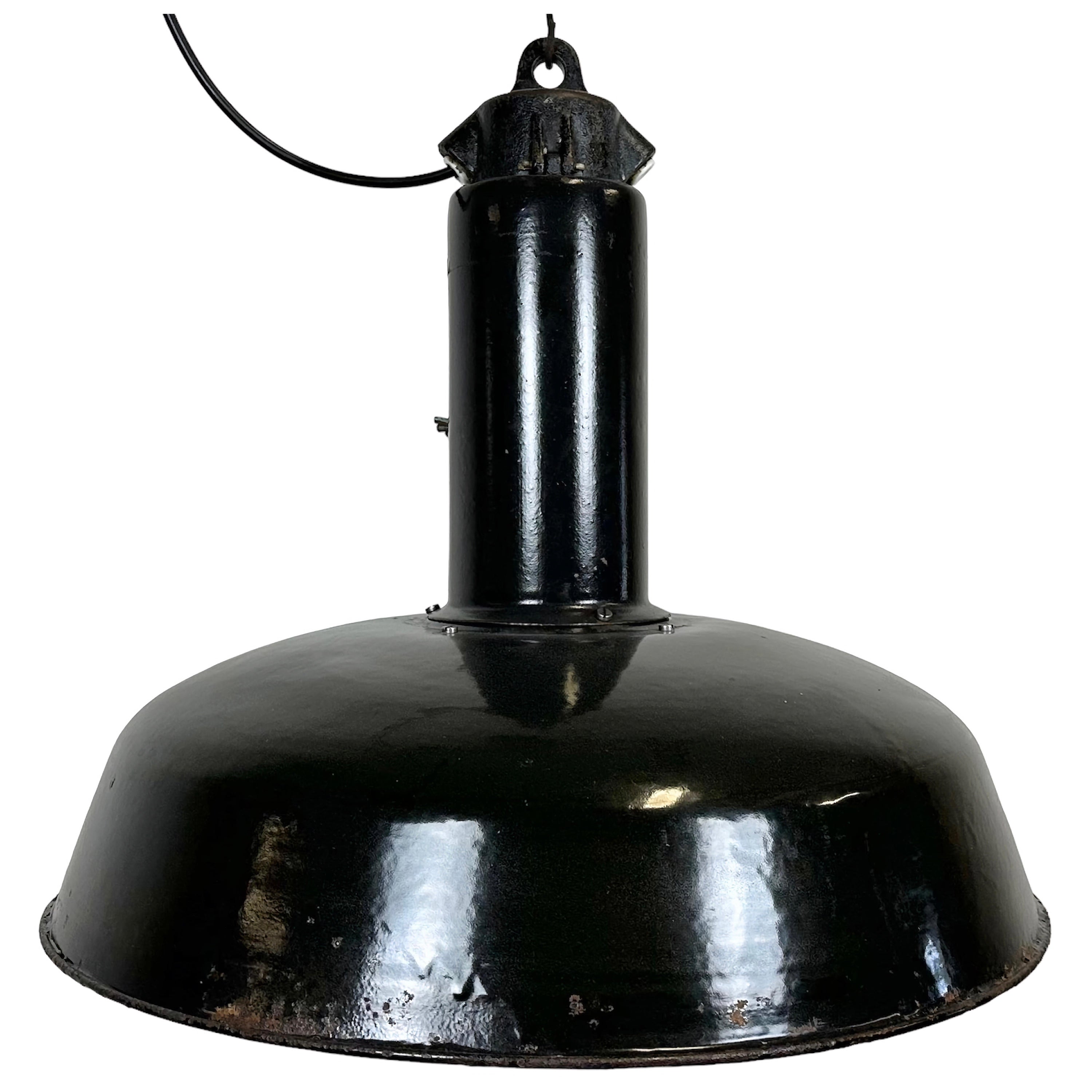Industrial Black Enamel Factory Pendant Lamp with Iron Top, 1950s For Sale