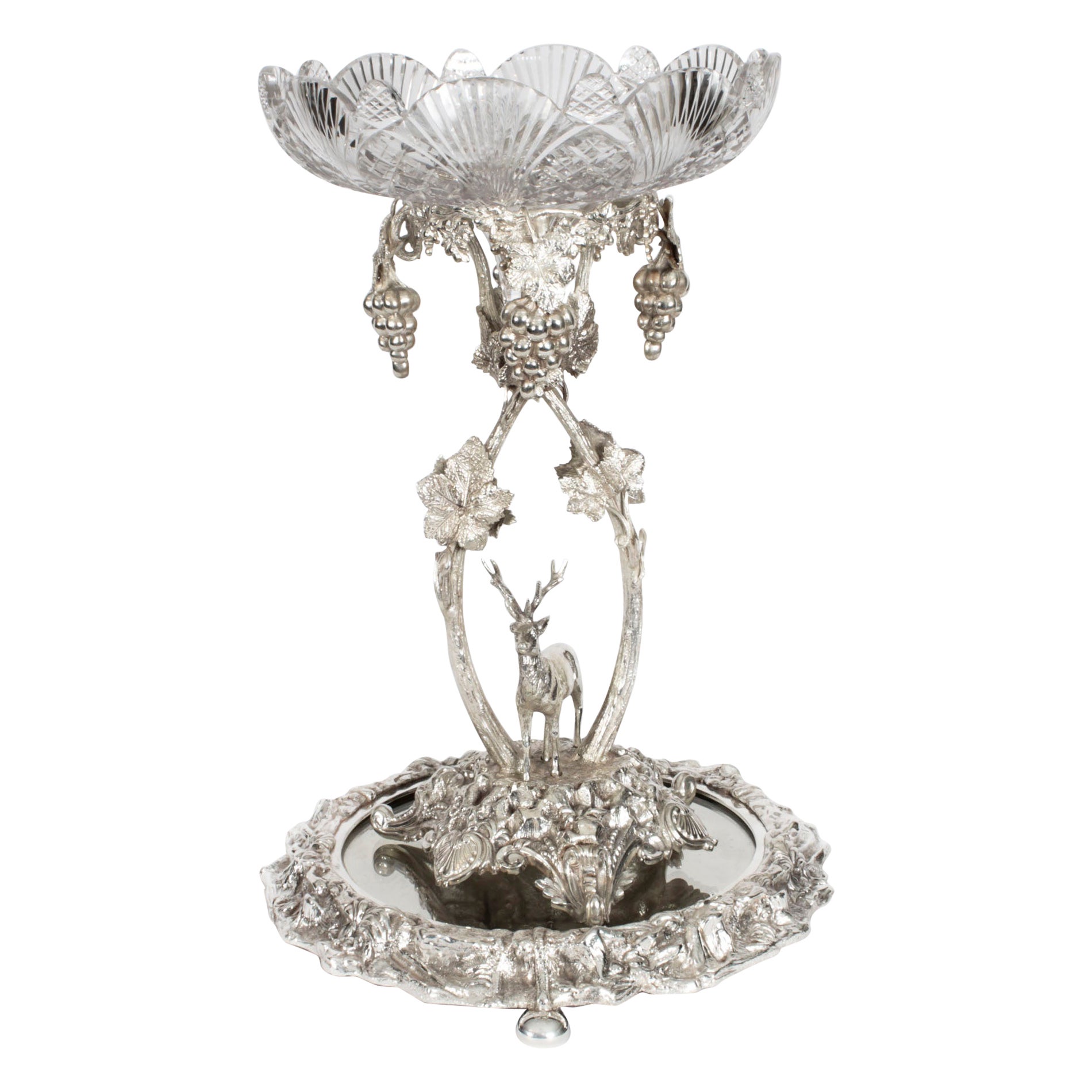 Antique Scottish Silver Plate Cut Glass Comport Stag Centrepiece, 19th Century For Sale