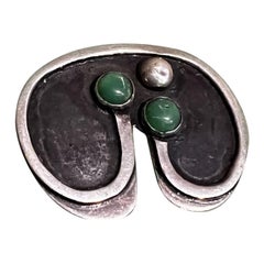 1960s Modernist Silver Green Stone Brooch Pin or Pendant Mayan Revival Mexico