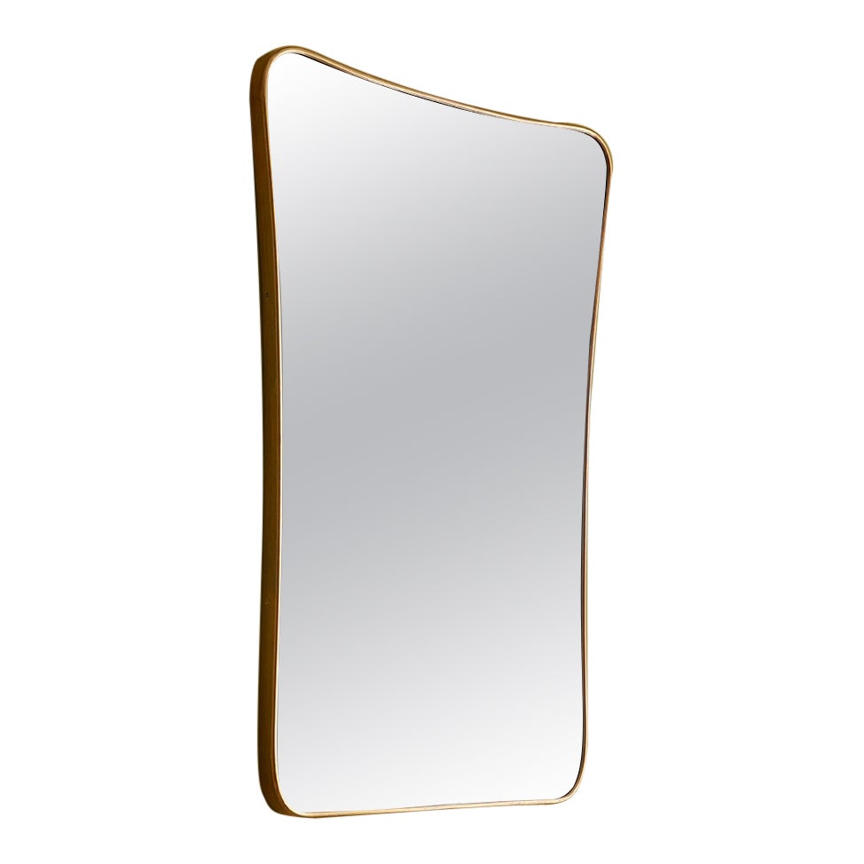 Vintage Curved Brass Framed Wall Mirror, Italy, 1950s