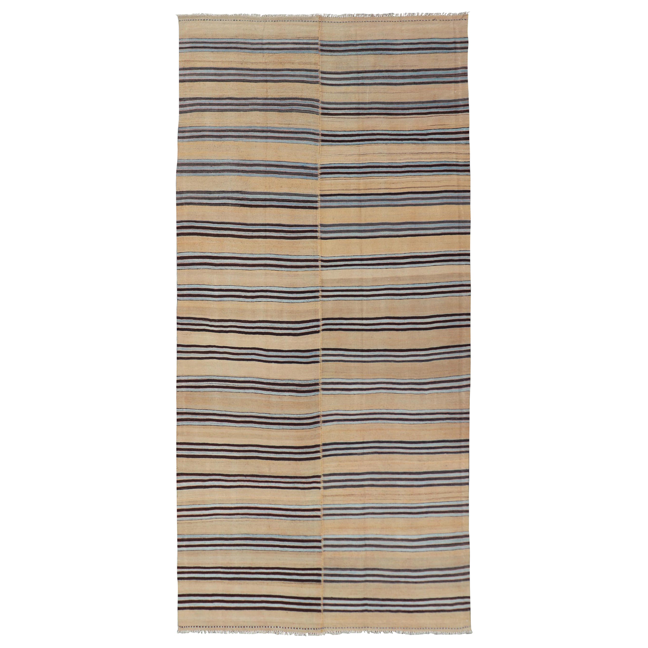 Turkish Vintage Kilim Striped Rug in Brown, Blue & Cream 5'3 x 12'4