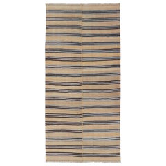 Turkish Vintage Kilim Striped Rug in Brown, Blue & Cream 5'3 x 12'4