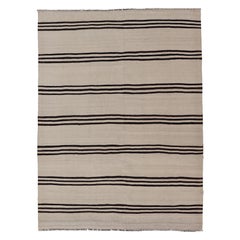 Vintage Flat Weave Turkish Kilim with Stripes in Ivory and Brown 