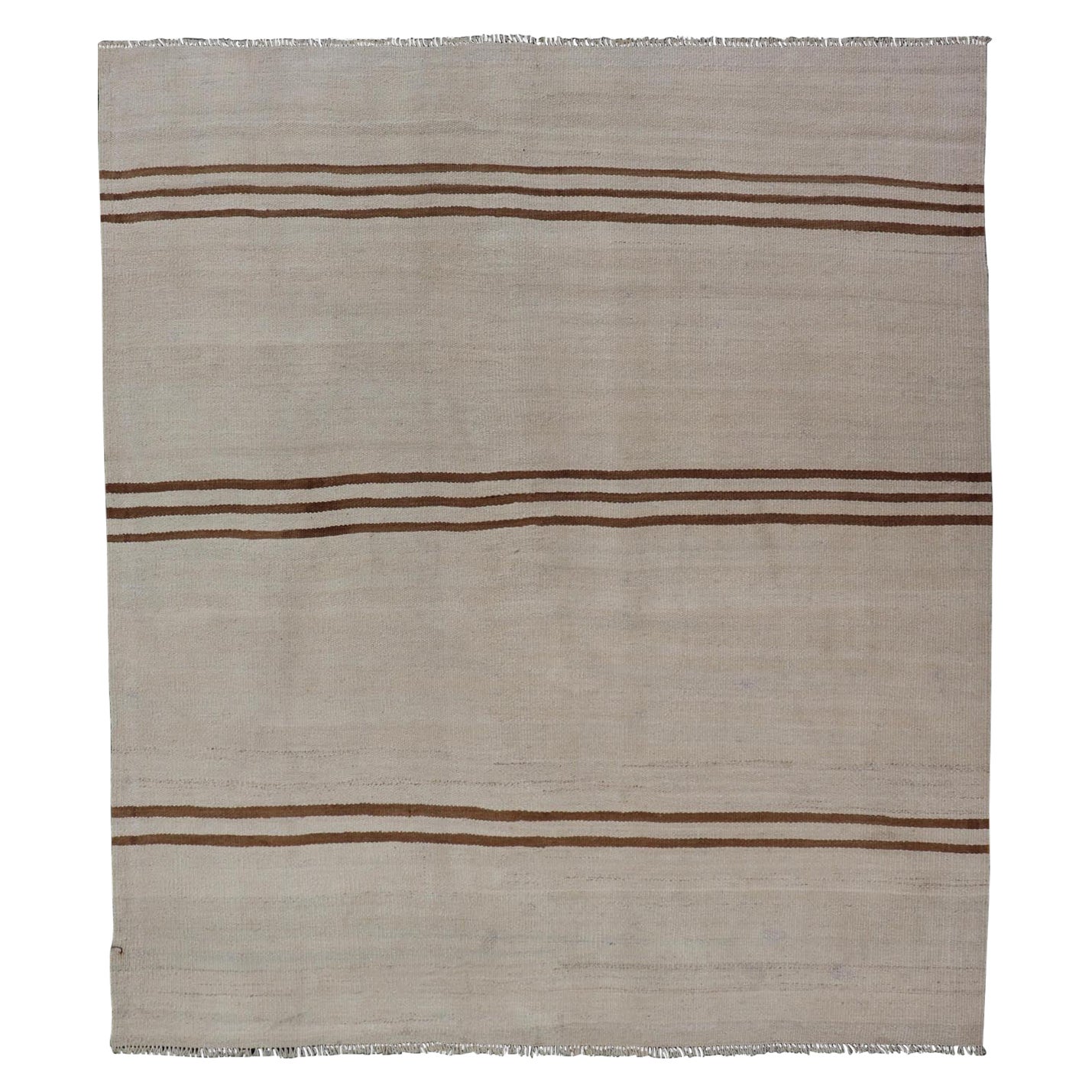 Flat-Weave Kilim Vintage Rug Turkey with Horizontal Stripes in Ivory & Brown For Sale