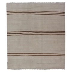 Flat-Weave Kilim Vintage Rug Turkey with Horizontal Stripes in Ivory & Brown