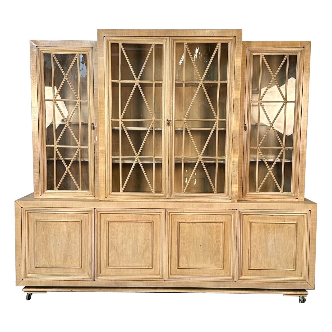 Large Mid-Century Modern Breakfront / Bookcase / Cabinet, Light Oak For Sale