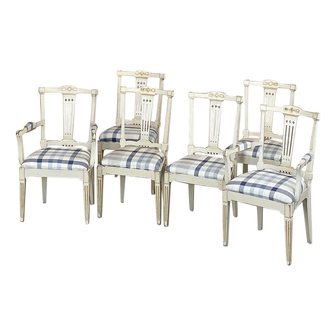 Set of 6 Antique Swedish Gustavian Painted Dining Chairs Includes 2 Armchairs For Sale