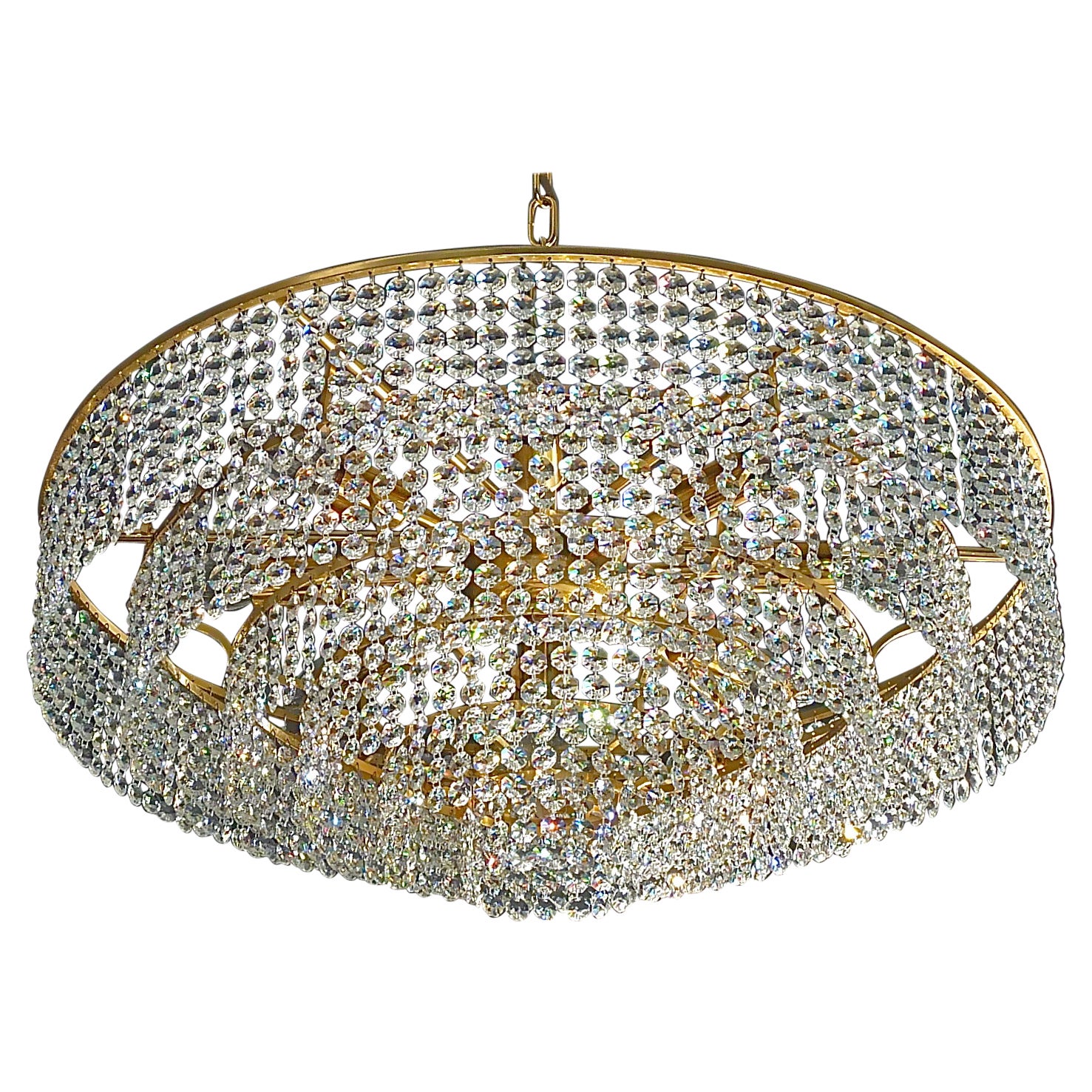 Extra Large Palwa Cascading Chandelier Gilt Brass Faceted Crystal Glass, 1960s For Sale