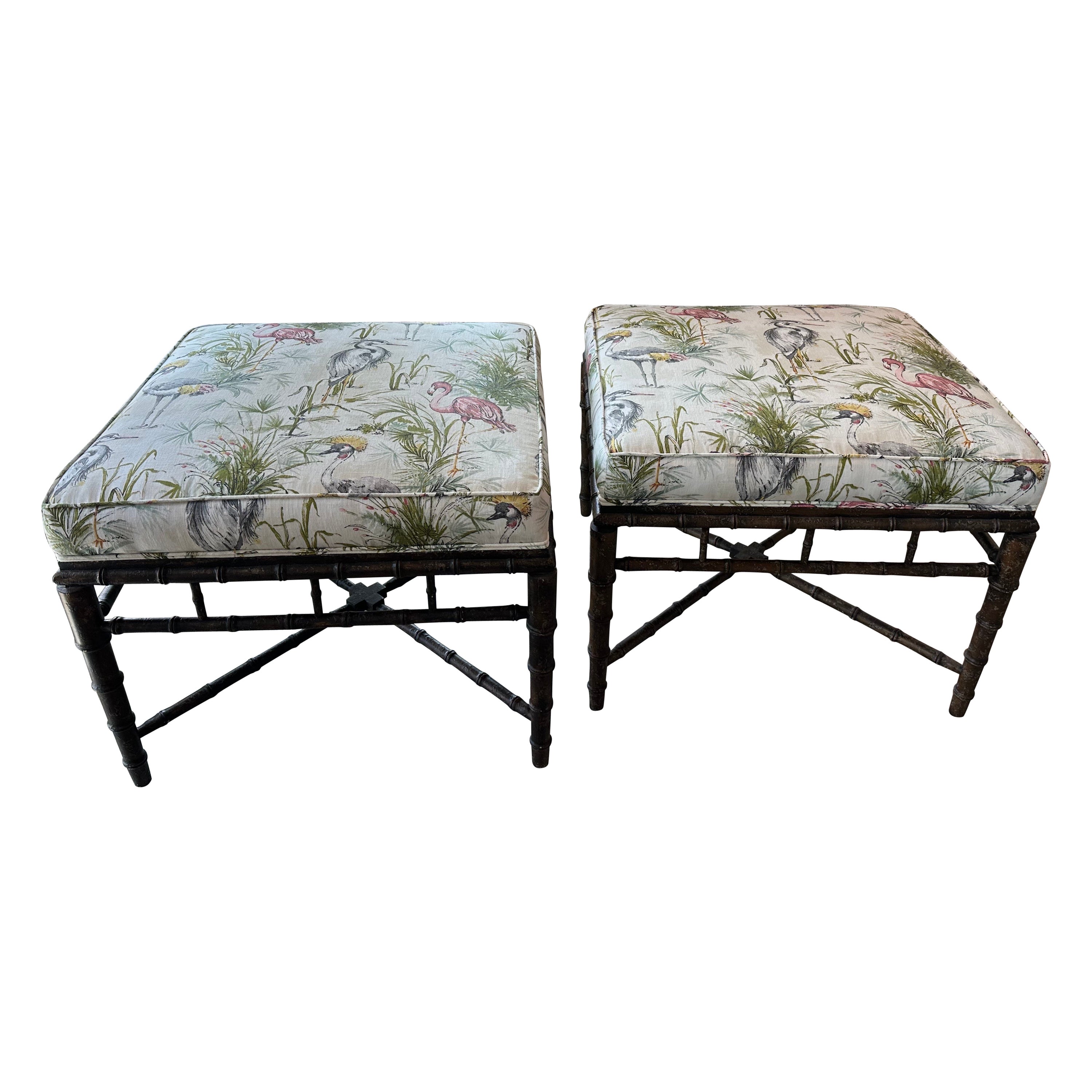 Vintage Pair of Faux Bamboo Ottomans Benches Stools Birds New Upholstery For Sale