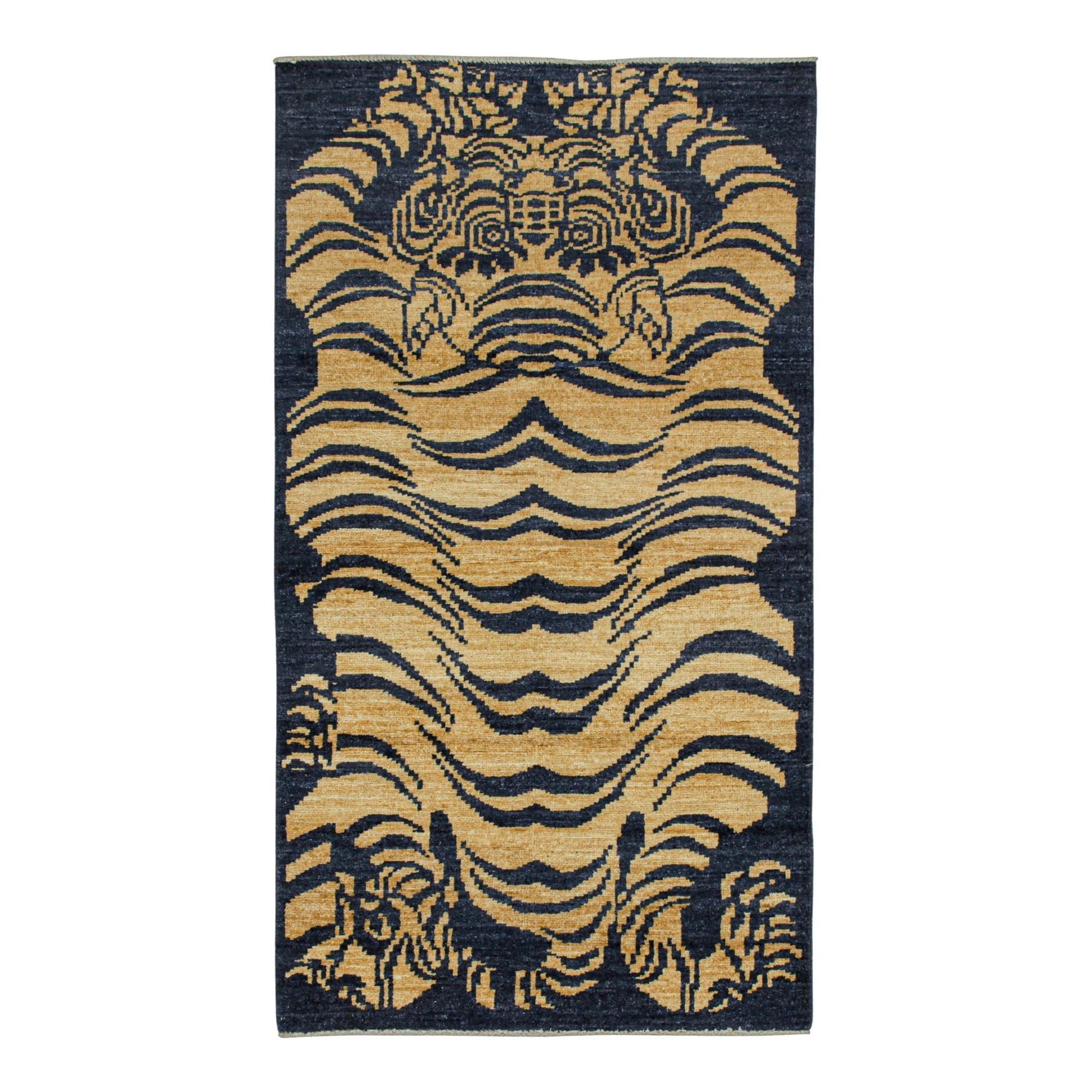 Rug & Kilim’s Classic Style Tiger Runner in Navy Blue and Gold Pictorial For Sale