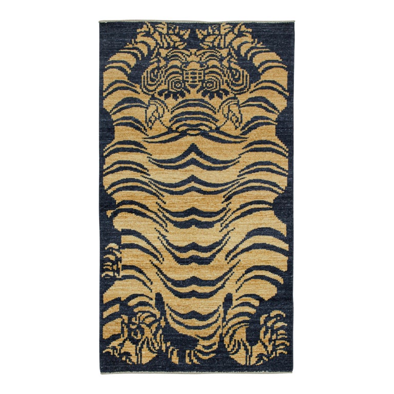 Rug and Kilim’s Classic Style Tiger Runner in Navy Blue and Gold