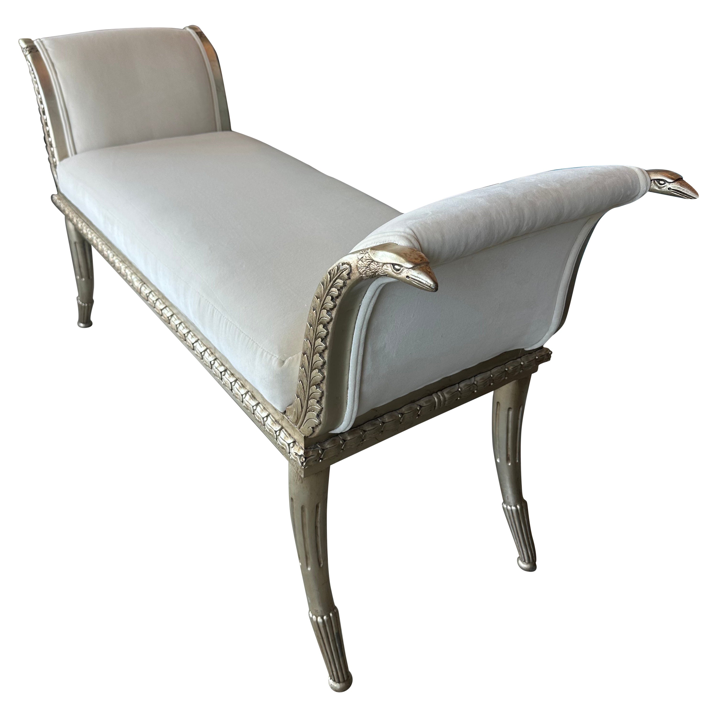French Swan Silver Gilt Bird Wood Bench Ivory Schmaucher Upholstered  For Sale