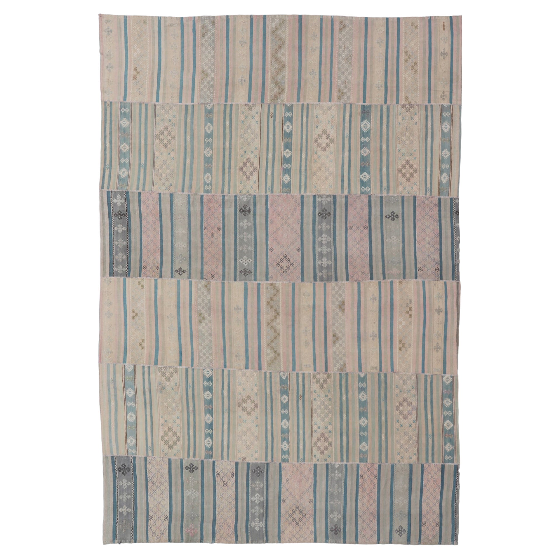 Large Vintage Paneled Kilim Flat-Weave in Blue, Pink, Taupe, Gray, Light Brown For Sale
