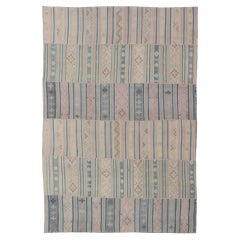 Large Vintage Paneled Kilim Flat-Weave in Blue, Pink, Taupe, Gray, Light Brown