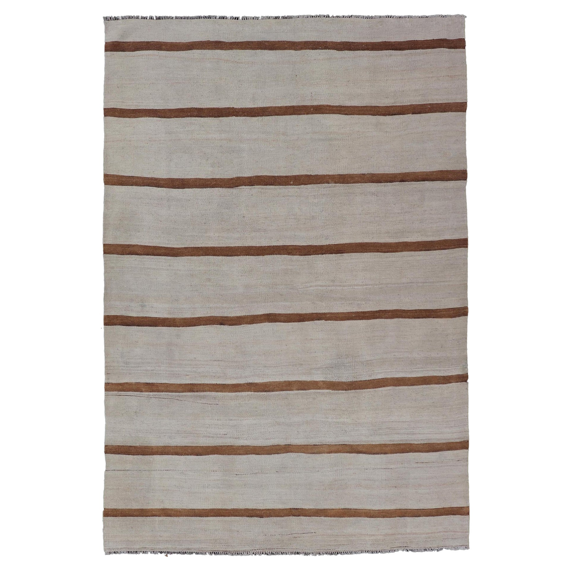 Vintage Turkish Flat-Weave Muted Colored Kilim in Ivory, Brown and Light Tan