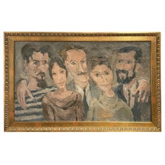 Retro 20th Century Brown French Self-Portrait Oil Painting of Daniel Clesse & Friends