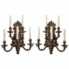 Late 19th Century Pair of Bronze Five-Branch Regence Style Wall Lights
