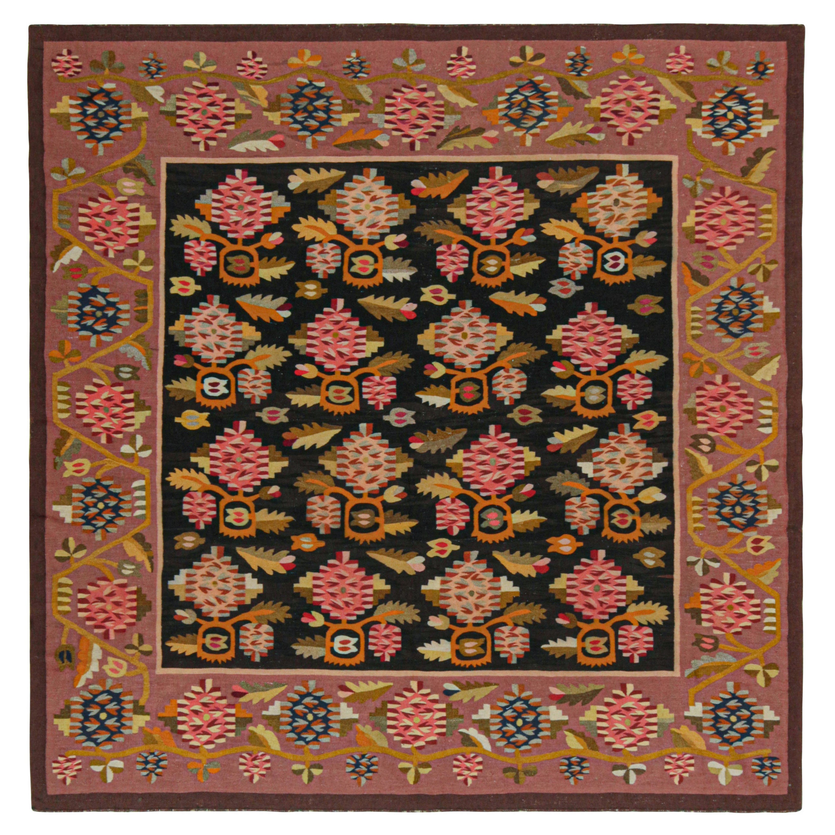 Antique Bessarabian Kilim in Black & Pink with Floral Patterns, from Rug & Kilim For Sale