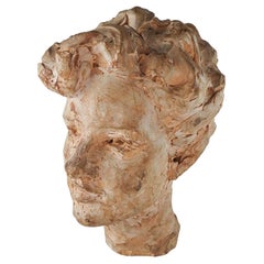 Vintage Clay Head Bust of Young Man Sculpture