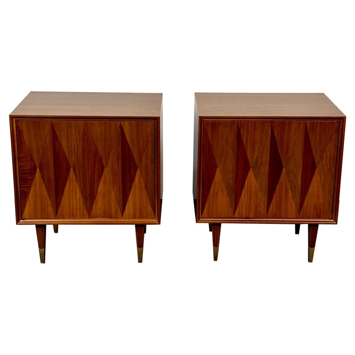 Pair of Danish Mid-Century Modern Style Geometric Nightstands, Walnut, Brass