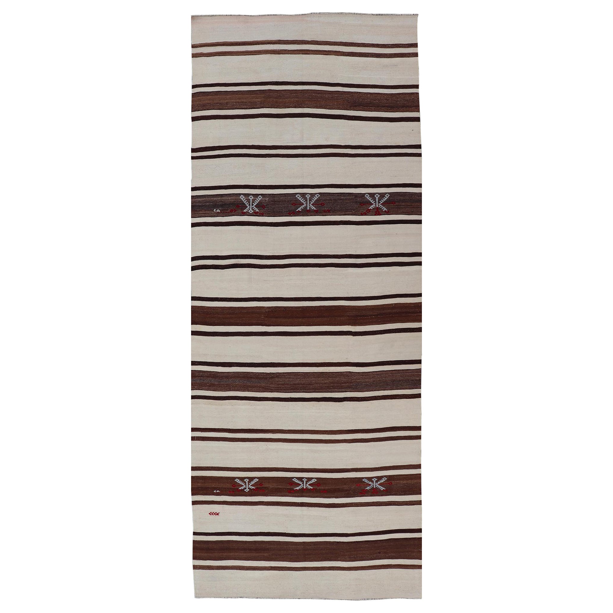Turkish Vintage Flat-Weave in Shades of Brown and Ivory with Stripe Design