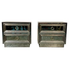 Pair Mirrored Hollywood Regency Nightstands, End Tables, Side Tables, Distressed