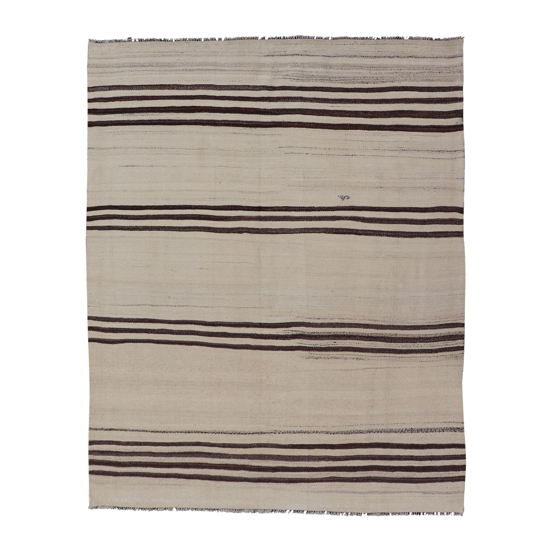 Turkish Vintage Flat-Weave in Brown and Cream with Stripe Design