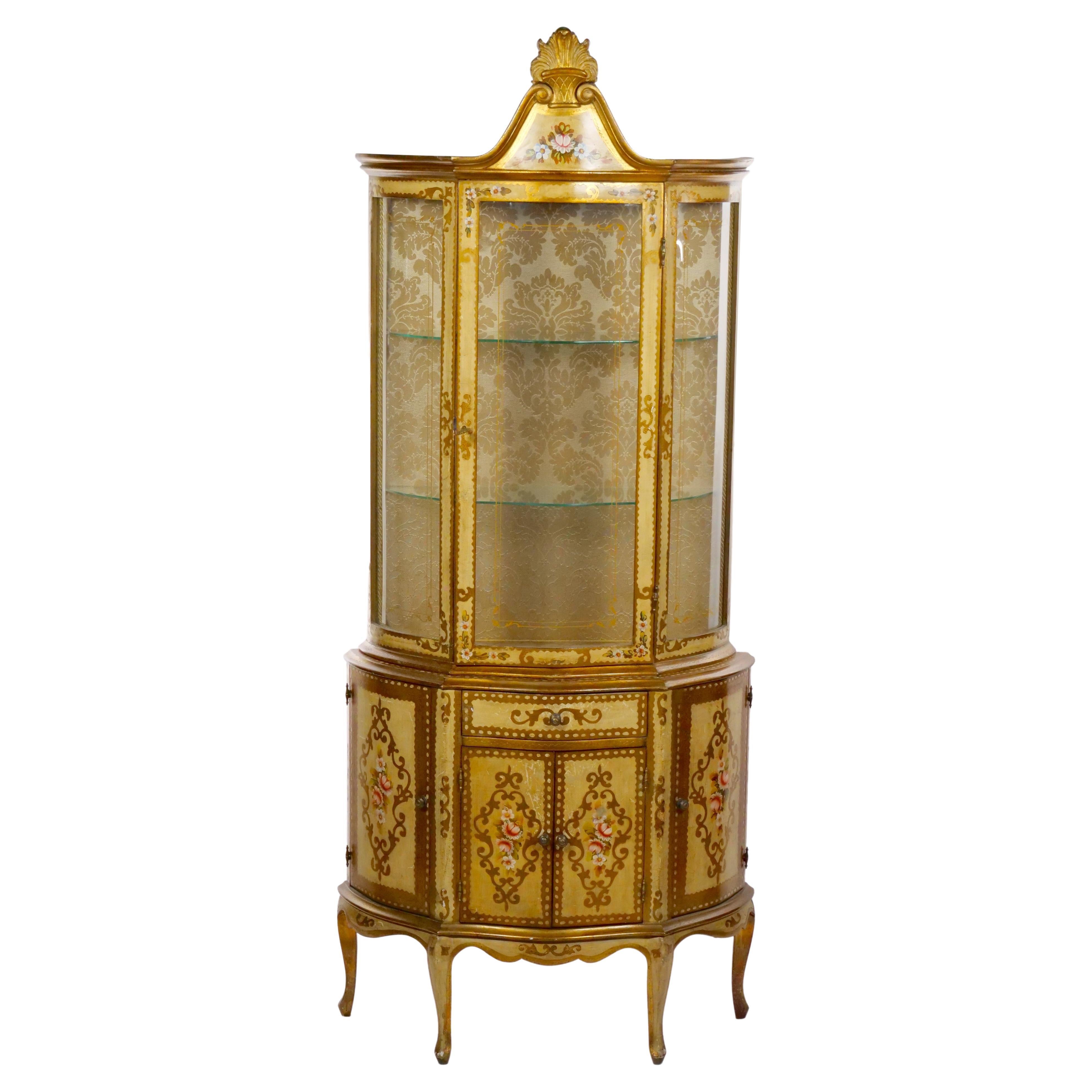 Mid-Century Italian Lacquered Hand Painted Gold Wood  Vitrine For Sale