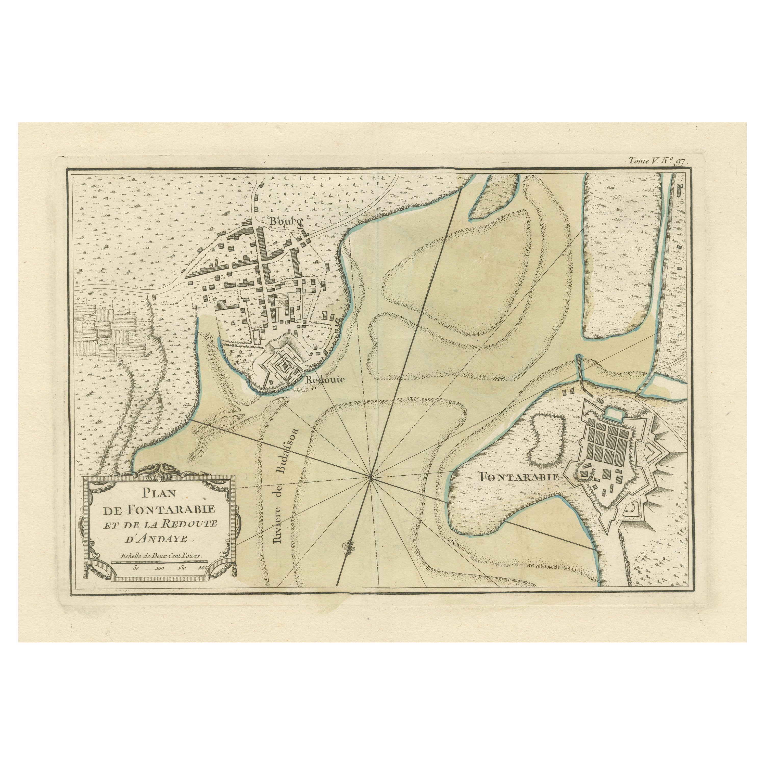 Antike Karte von Hondarribia in der Nähe des Flusses Bidasoa, Frankreich und Spanien