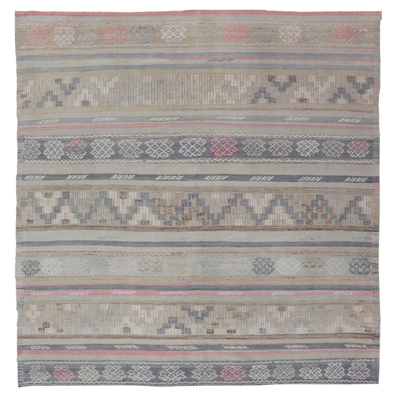 Stripes and Embroideries Turkish Flat-Weave Kilim in Various Muted Colors