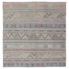 Stripes and Embroideries Turkish Flat-Weave Kilim in Various Muted Colors