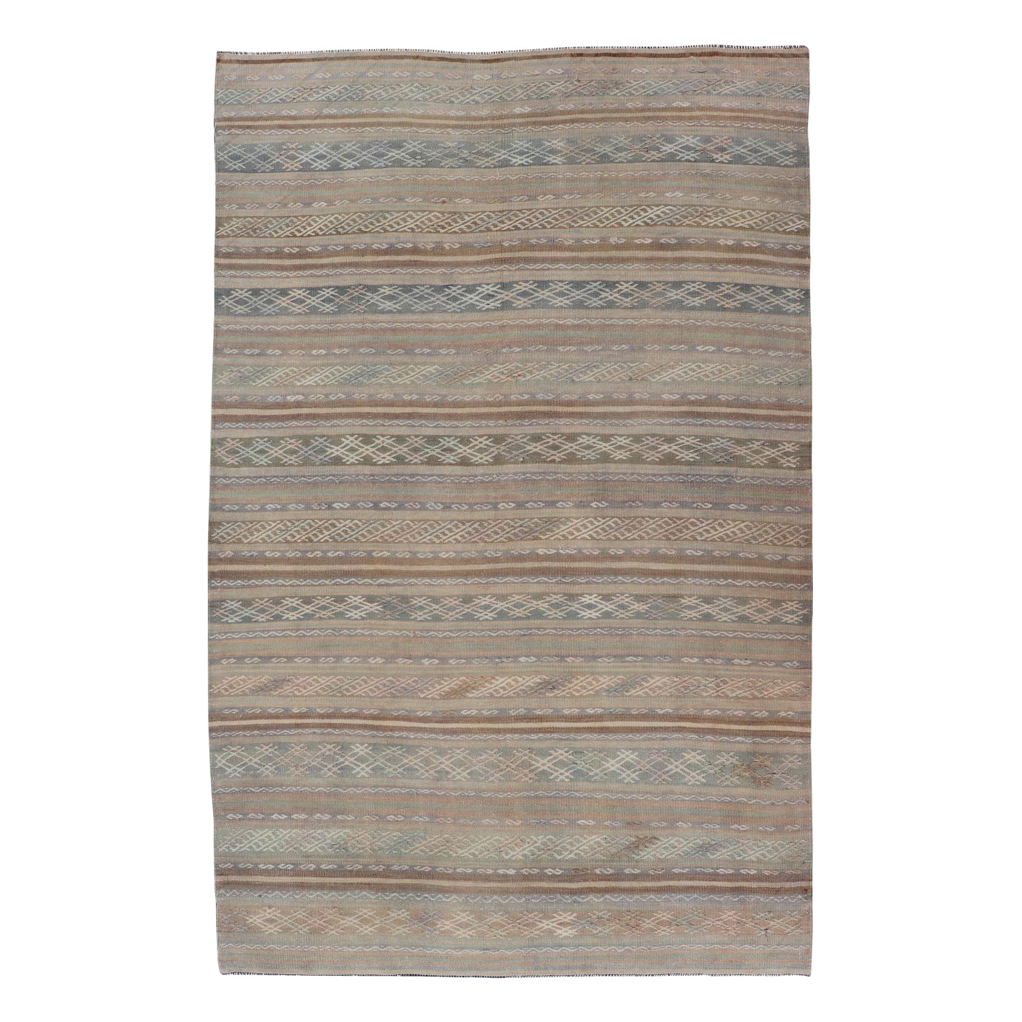 Vintage Turkish Flat-Weave Kilim with Embroideries in Muted Tones and Stripes