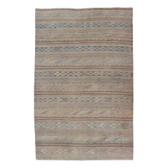 Vintage Turkish Flat-Weave Kilim with Embroideries in Muted Tones and Stripes