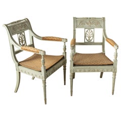 Early 20th Century French Directoire Style Painted Ash Armchairs, Caned Seats