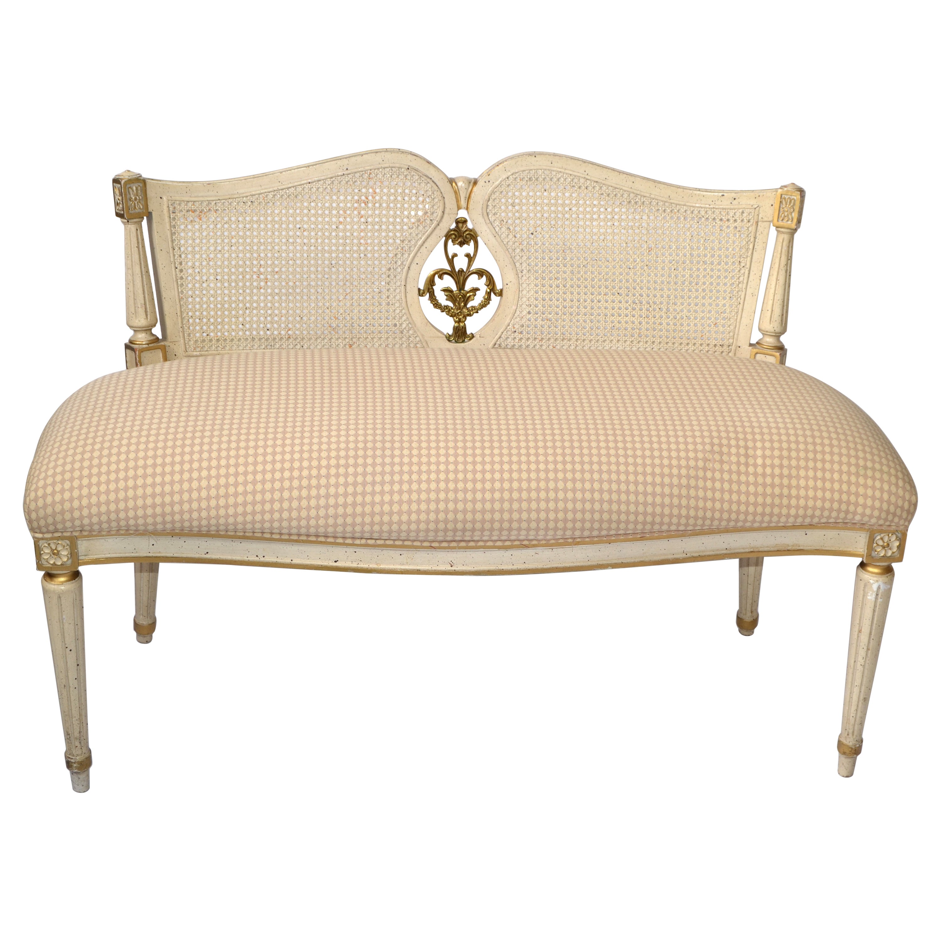 Louis XVI Bench Hand Carved Gilt Hardwood Woven Caning Brass Taupe Brown Fabric For Sale