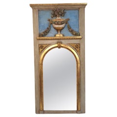 19th Century Blue, Green, Gold, Trumeau Mirror with Urn, Garland and Floral