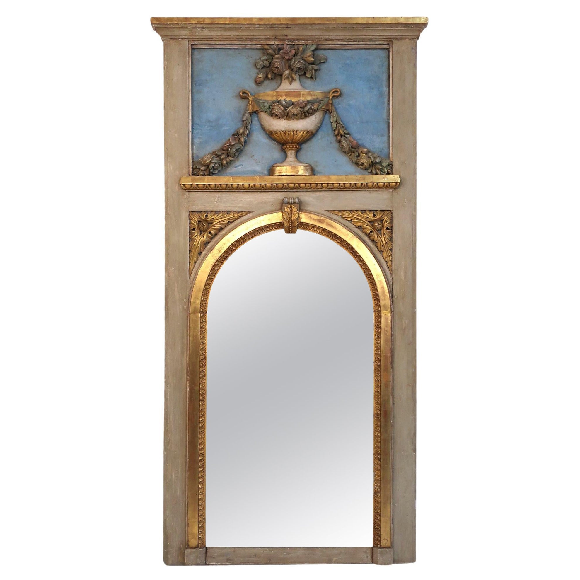 19th Century Blue Trumeau Mirror with Urn, Garland and Floral Decoration  For Sale