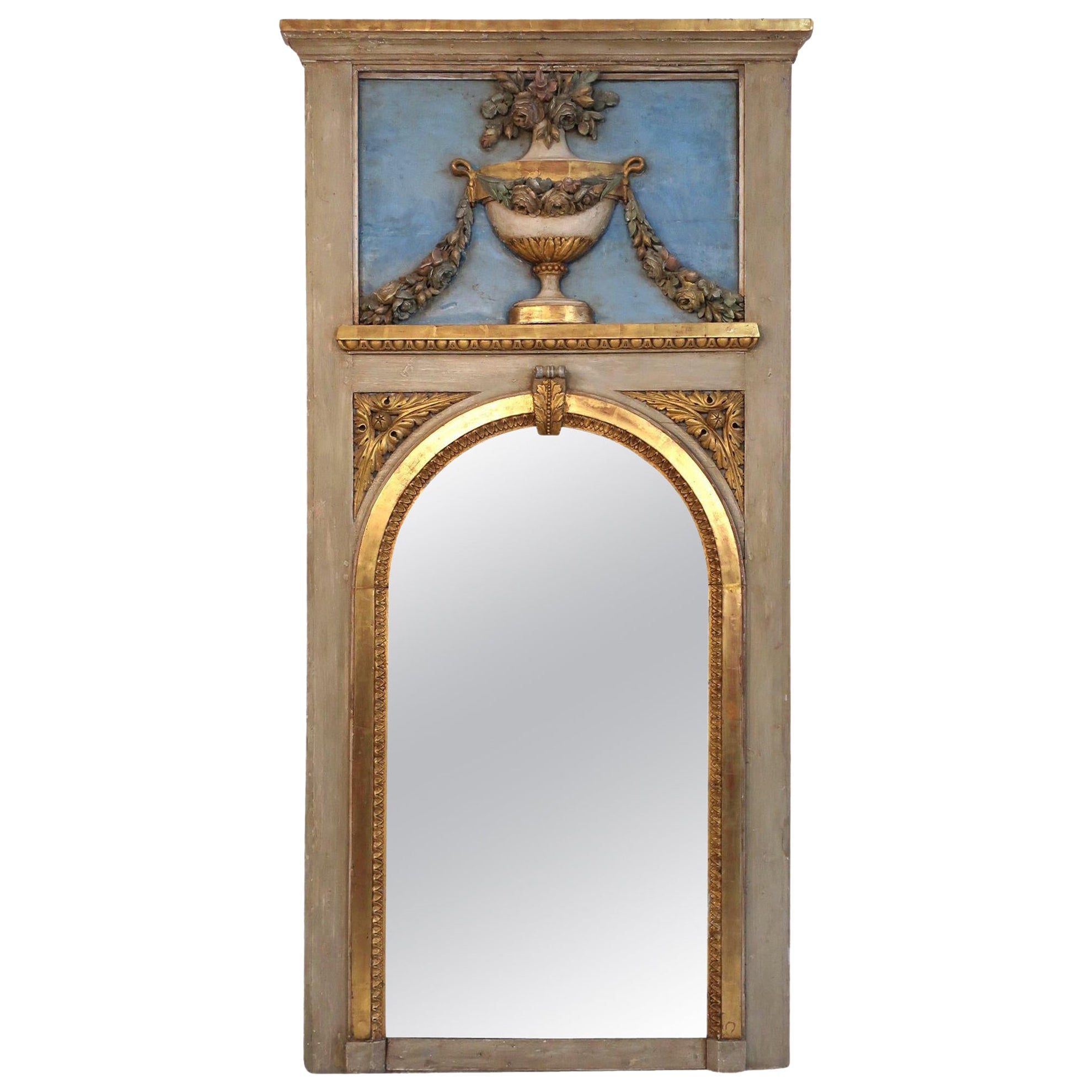 19th Century Blue Trumeau Mirror with Urn, Garland and Floral Decoration For Sale
