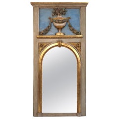 19th Century Blue Trumeau Mirror with Urn, Garland and Floral Decoration