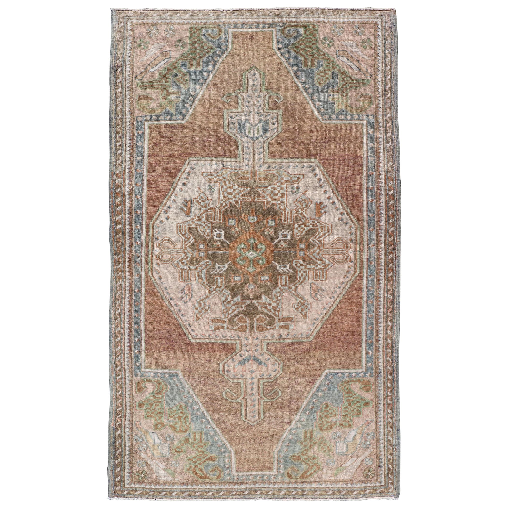 Vintage Oushak Rug in Light Brown Background and Cream, and Light Blue