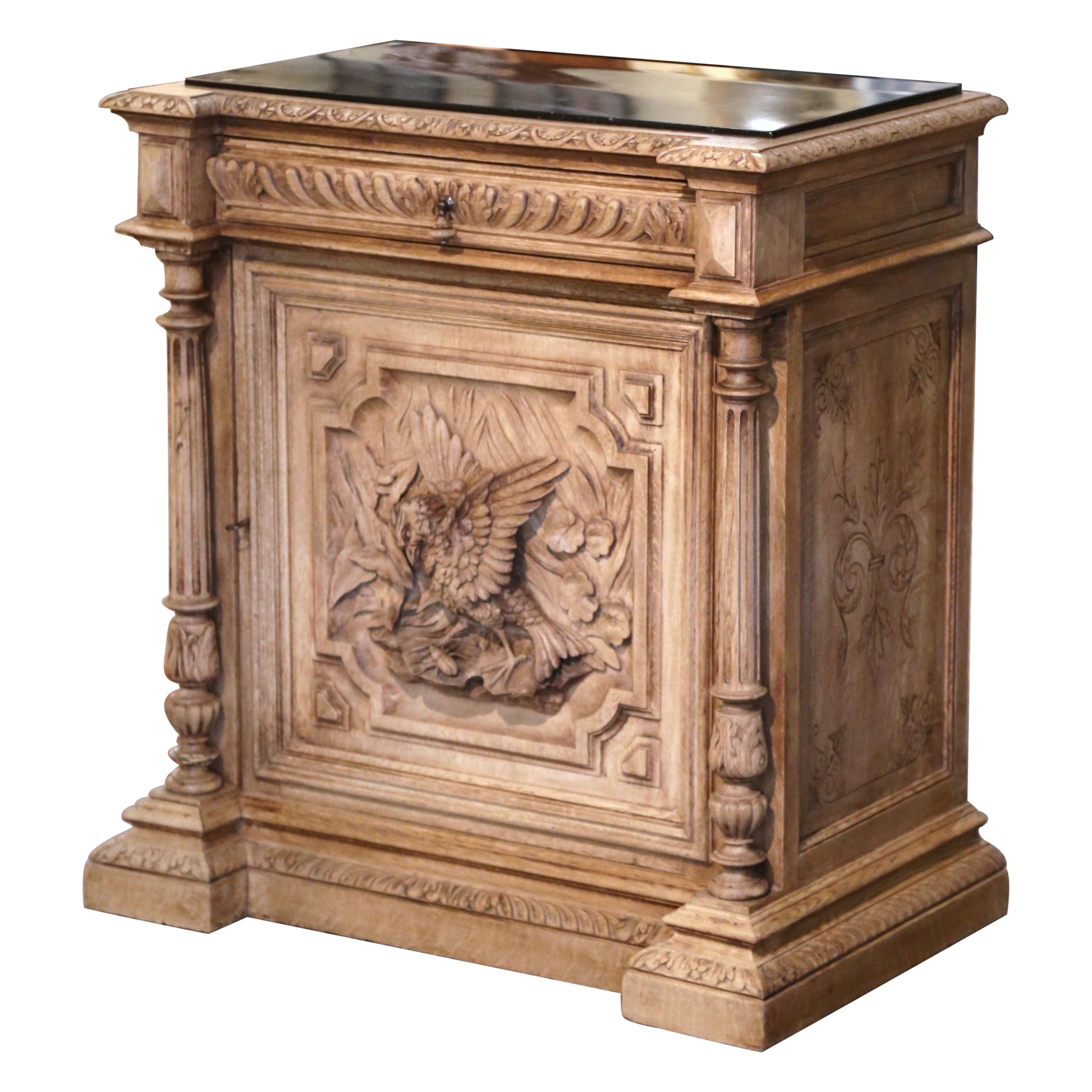 19th Century French Marble Top Carved Bleach Oak Jelly Cabinet with Bird Decor For Sale