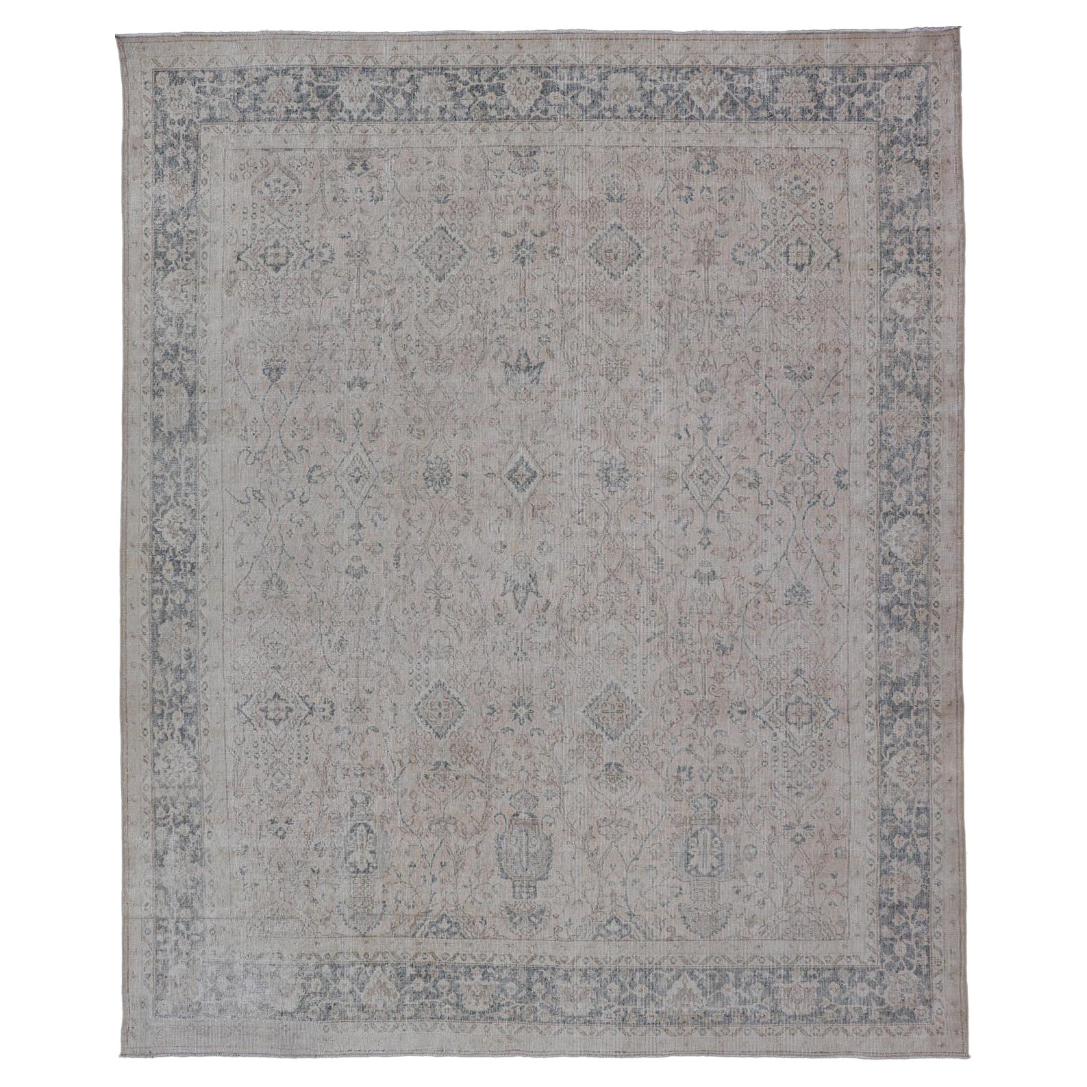 Blush, Tan, & Blue Vintage Turkish Distressed Rug with All-Over Floral Design For Sale