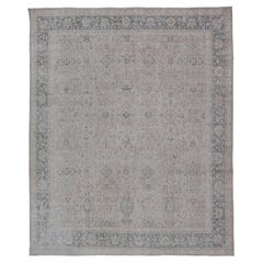 Blush, Tan, & Blue Vintage Turkish Distressed Rug with All-Over Floral Design